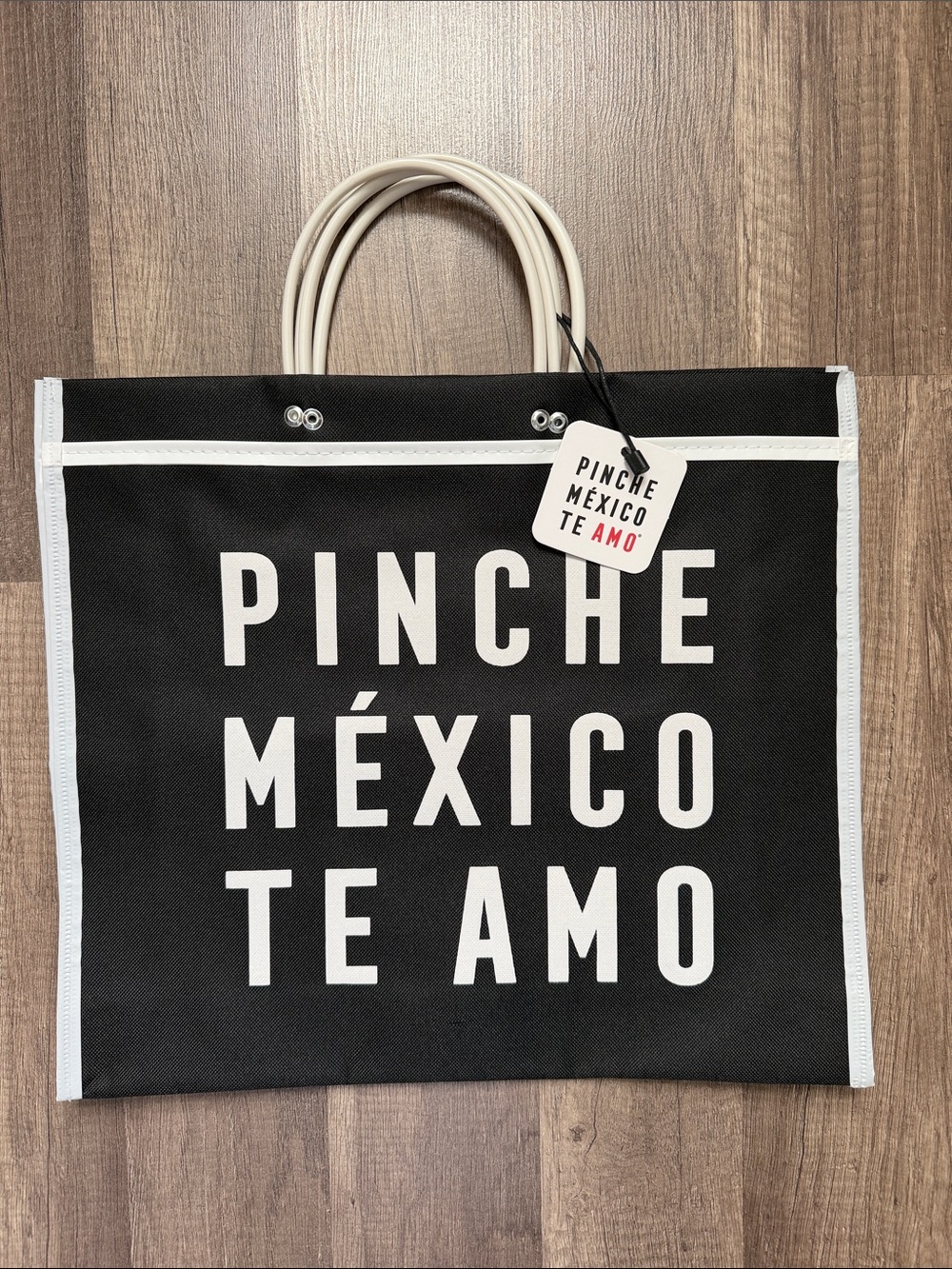 Black Canvas Tote with White Text - PINCHE MÉXICO TE AMO